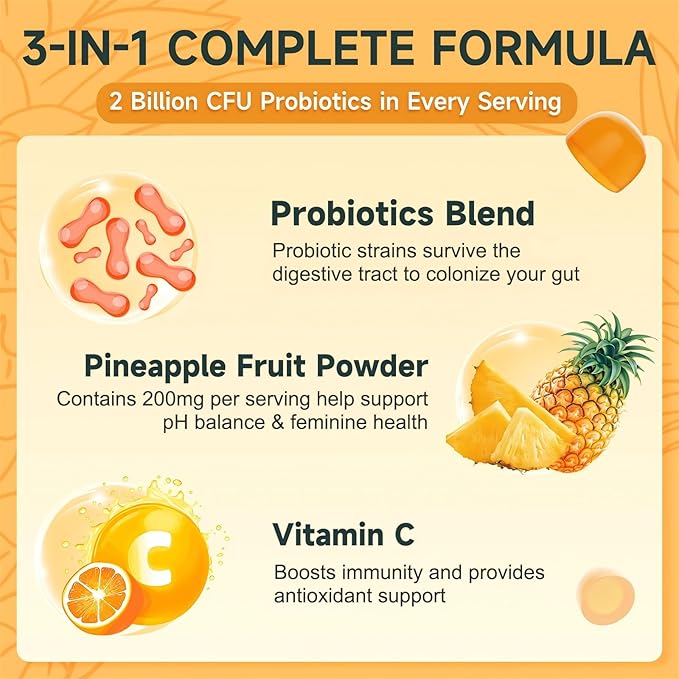 Feminine Balance Gummies, Probiotics Gummies for Women - pH Balance, Odor Control, Vaginal Flora & Digestive Health - Vaginal Probiotic with Vitamin C for Immune, Hawaiian Pineapple Flavor, 90 Gummies