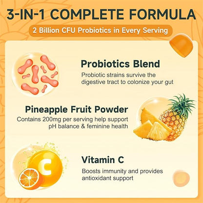 Feminine Balance Gummies, Probiotics Gummies for Women - pH Balance, Odor Control, Vaginal Flora & Digestive Health - Vaginal Probiotic with Vitamin C for Immune, Hawaiian Pineapple Flavor, 90 Gummies