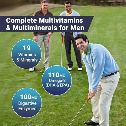 Mens Multivitamins Gummies, Methylated Multivitamin with Vitamins A C D K E, B Complex, Omega-3, Digestive Enzymes, Lycopene, Calcium, Magnesium - Support Brain, Muscle, Energy, Sugar Free, 120Cts