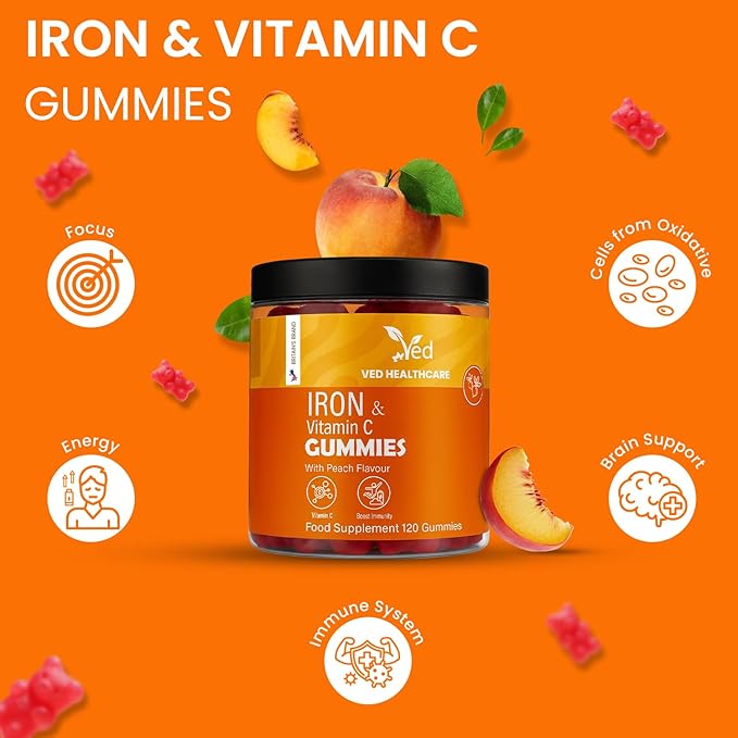 Ved Iron Supplement Gummies 12.5 mg for Women & Men - Iron Gummies with Vitamin C - Chewable Prenatal & Adult 120 Iron Gummies