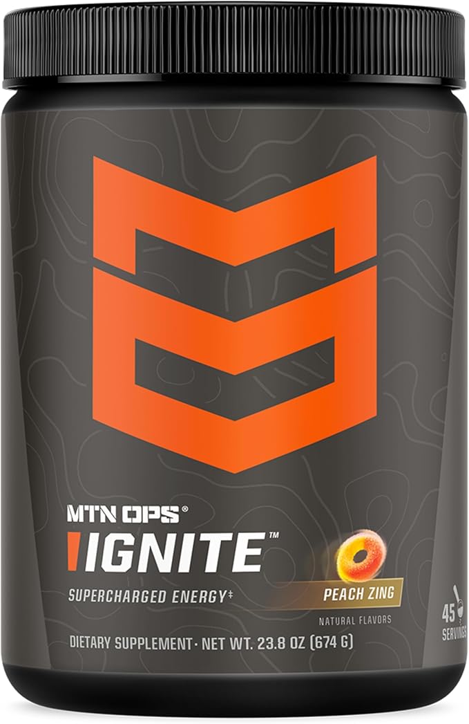 MTN OPS Ignite Sugar Free Energy Drink Powder with 200mg Caffeine, Nootropic Blend for Energy, Focus & Endurance, L Arginine & L Citrulline Pre Workout, 45 Servings, Peach Zing