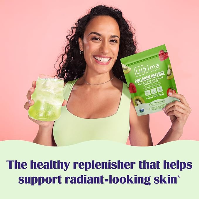 Ultima Replenisher Collagen Defense Supplement and Electrolytes Powder - Kiwi Strawberry, 13 Stickpacks - Hydration Packets with Dermaval and Biotin that Keep Your Skin Hydrated and Looking Radiant