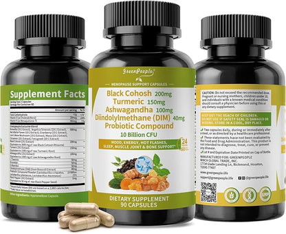 GREENPEOPLE Menopause Supplements for Women - Black Cohosh & Ashwagandha for Hot Flashes, Night Sweats, Mood Swings, Hormonal Balance Support,10 Billion CFU Probiotic - 120 Capsules Vegan Gluten-Free