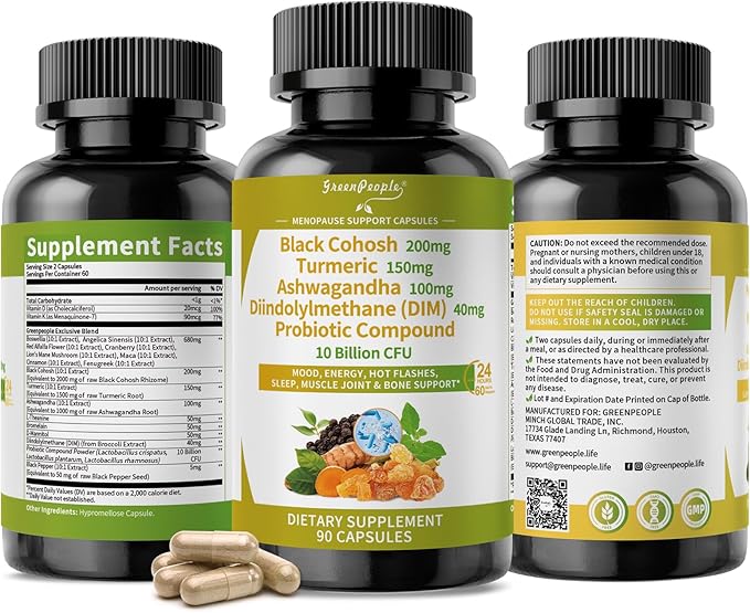 GREENPEOPLE Menopause Supplements for Women - Black Cohosh & Ashwagandha for Hot Flashes, Night Sweats, Mood Swings, Hormonal Balance Support,10 Billion CFU Probiotic - 120(2 Packs) Capsules Vegan