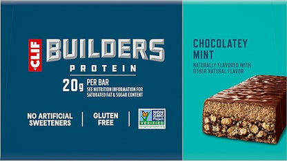 CLIF BUILDERS Protein Bars - Chocolatey Mint - 20g Plant Based Protein - Gluten Free - Non-GMO - Low Glycemic - No Artificial Sweeteners - 2.4 oz. (12 Pack)