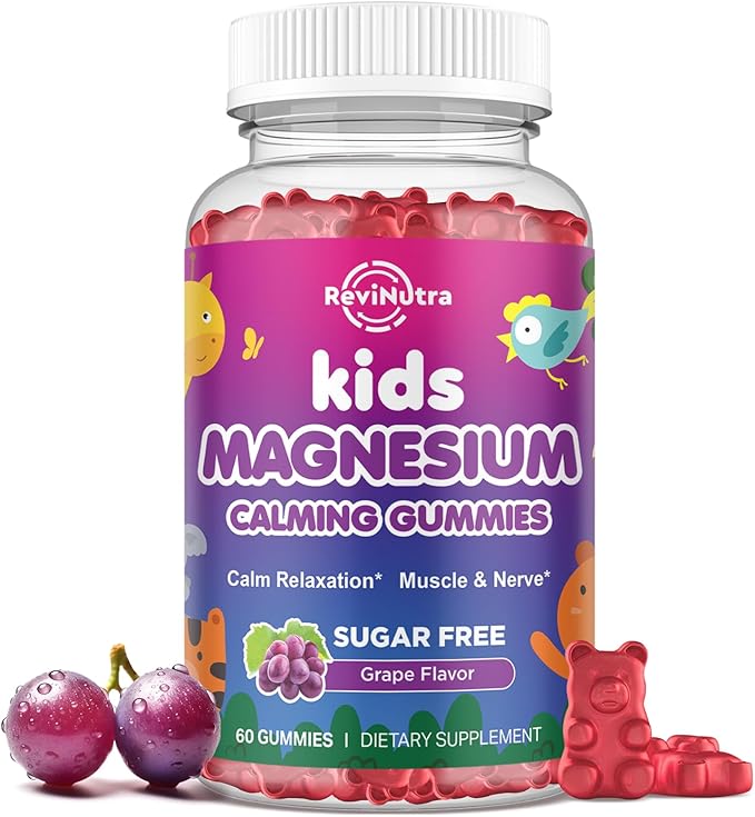 Kids Magnesium Glycinate Gummies - Magnesium Supplement Gummies with L-Theanine, Chamomile, Licorice, Vitamin B6, D for Kids & Adults Sleep, Stress, Muscle Relief & Nerve Bone - Sugar Free Grape 60ct