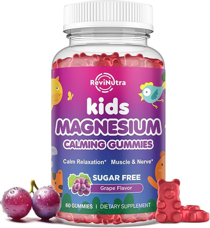 Kids Magnesium Glycinate Gummies - Magnesium Supplement Gummies with L-Theanine, Chamomile, Licorice, Vitamin B6, D for Kids & Adults Sleep, Stress, Muscle Relief & Nerve Bone - Sugar Free Grape 60ct