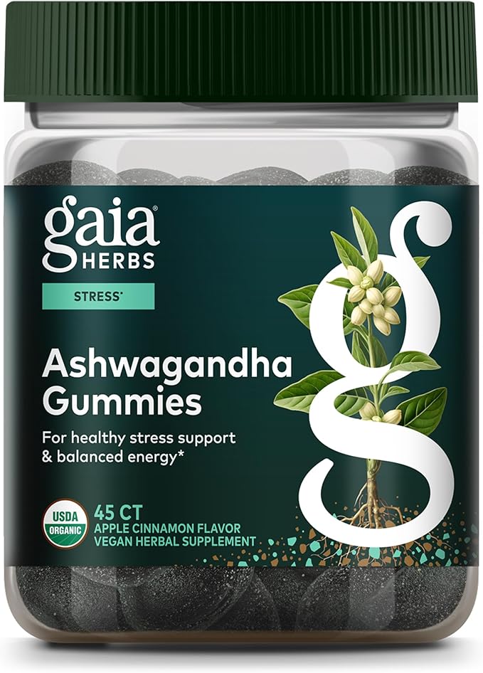 Gaia Herbs Organic Ashwagandha Gummies - Stress Support* - Made with Cinnamon & Ginger - Gluten Free & Vegan - 45 Count (15 Servings)