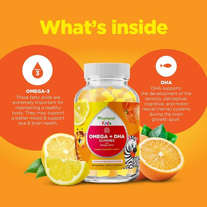 Kids Omega and DHA Gummies - Fatty Acids Omega 3 6 9 with Vitamin C for Vision - Nutritional DHA for Kids for Healthy Nervous System & Focus Support - Fish Free - 60 Count