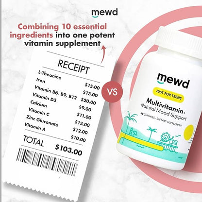 MEWD Teen and Kids Mood Support Multivitamin Gummies - Natural Focus & Calm with L-Theanine, Vitamins A, C, D3, B6, B9 & B12, Plus Zinc & Iron - Vegan Immune Booster, Gluten-Free Brain Health
