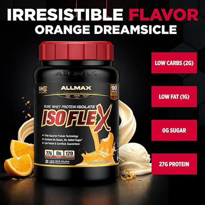ALLMAX ISOFLEX Pure Whey Isolate Protein Powder - Gluten Free, Low Lactose, Sugar-Free - High-Protein, Clean, Keto-Friendly for Pre Post Workout Supplement for Women and Men | Orange Dreamsicle, 2lb