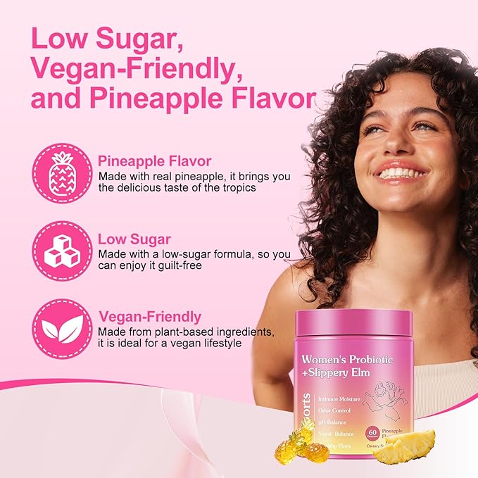Her Juicy Feminine Probiotic Gummies for Women, Women Probiotic Slippery Elm Gummies, Tropical Pineapple Flavor, Supports pH Balance, Vegan, Gluten Free| 60 Count