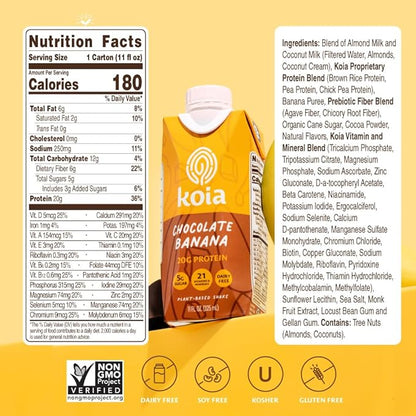 Koia Plant Based Protein Shake, Chocolate Banana, 20g Protein, 5g Sugar, 6g Prebiotic Fiber, 21 Vitamins & Minerals, Meal Replacement Drinks, Dairy-Free, Gluten-Free, Non-GMO, 11 Fl Oz (Pack of 12)