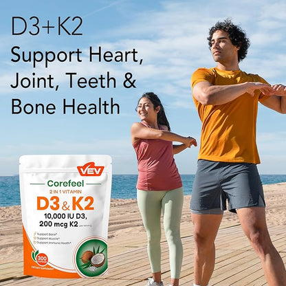 VEV Corefeel Vitamin D3 K2, 10,000 IU D3, 200mcg K2 (with MK7), Supports Bone and Teeth Health, Dual Nutrient Support for Daily Wellness, Easy to Swallow – 300 Capsules