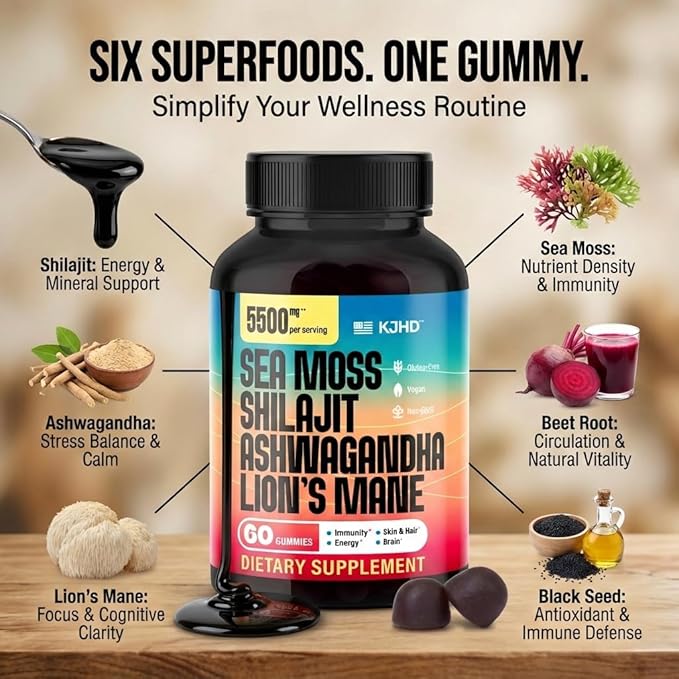KJHD Shilajit Ashwagandha Gummies with Sea Moss, Beet Root, Lion’s Mane Mushroom & Black Seed Oil – Organic Herbal Superfood Supplement – 60 Vegan Gummies