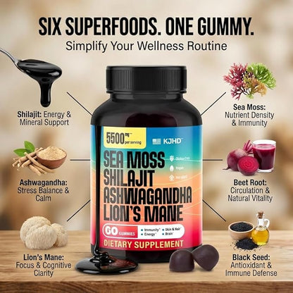 KJHD Shilajit Ashwagandha Gummies with Sea Moss, Beet Root, Lion’s Mane Mushroom & Black Seed Oil – Organic Herbal Superfood Supplement – 60 Vegan Gummies