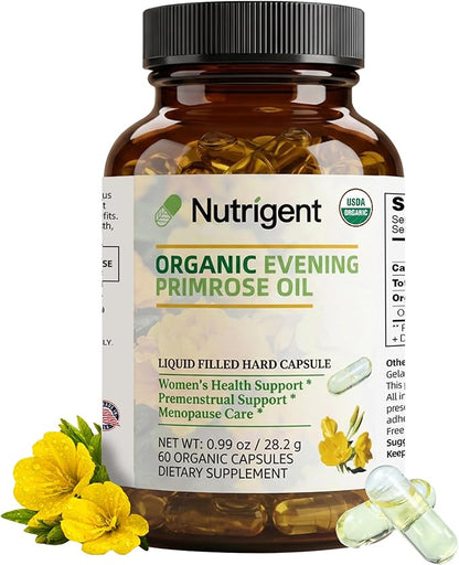 Organic Evening Primrose Oil Supplement, 940 mg 100% Pure with 10% GLA, High Absorption Liquid Organic Capsules, Promotes Women's Health & Skin Health, Cold Pressed, 60 Count