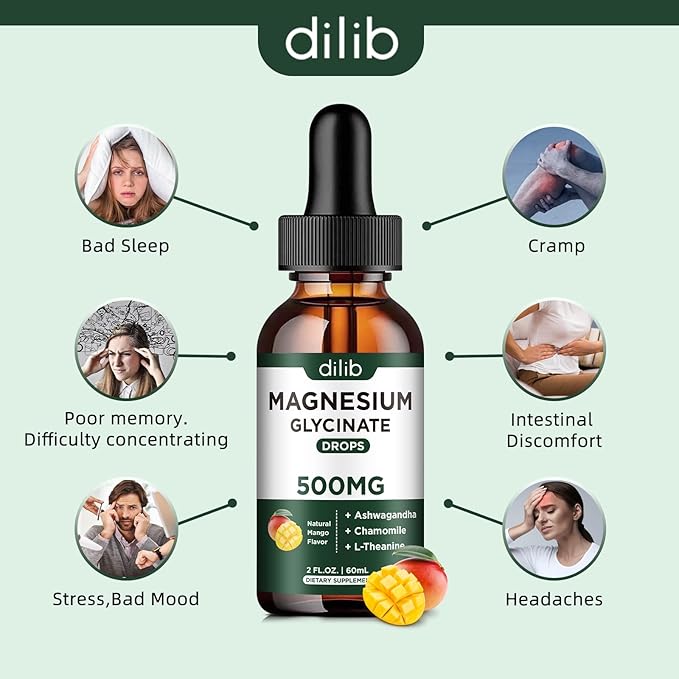Magnesium Glycinate Liquid Drops Supplement, with Magnesium Glycinate 500mg Ashwagandha, L - Theanine, Chamomile -Support Stress Relief, Bone, Muscle, Mood Mango Flavor 2Pack
