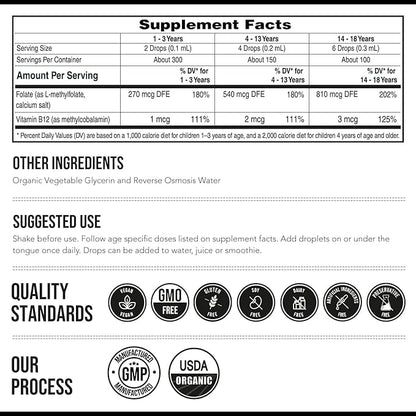Organic Kids Methylfolate + Methyl B12 Cofactor - Flavorless, Sublingual Form - 5-MTHF Form, Superior Form of Folate - Adjustable Dosing for All Ages - Mood, Behavior, Cognition - 1 oz.