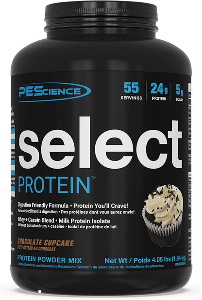 PEScience Select Protein Powder, Whey and Casein Blend, Lean Protein Powder for Women and Men, Low Calorie, Low Carb, Keto Friendly, Gluten Free, Frosted Chocolate Cupcake - 55 Servings