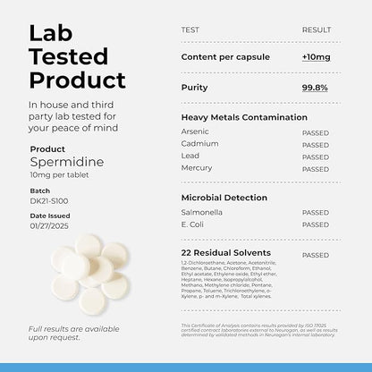 Neurogan Spermidine Supplement - 1200mg - 99% Pure 100x More Potent Than Rice & Wheat Germ Extract - for Cellular Health, Anti-Aging & Energy* - Made in USA - 10MG Per Serving - 120 Servings