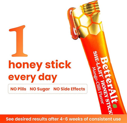 Better Alt She-Lajit Honey Sticks Mango Chilli Flavor | with Shatavari, Shilajit & Saffron | 85+ Nutrients for Vitality & Stamina| 30 Sticks