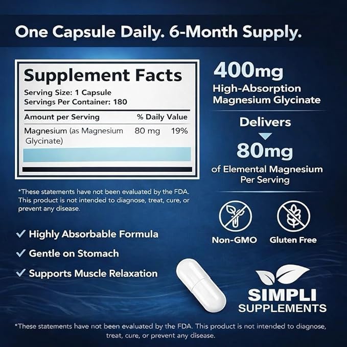 Magnesium Glycinate 400mg per Serving – High Absorption – Gentle on Stomach – Supports Sleep, Relaxation, Muscle, Bone & Immune Health – Non-GMO, Vegan, 180 Capsules