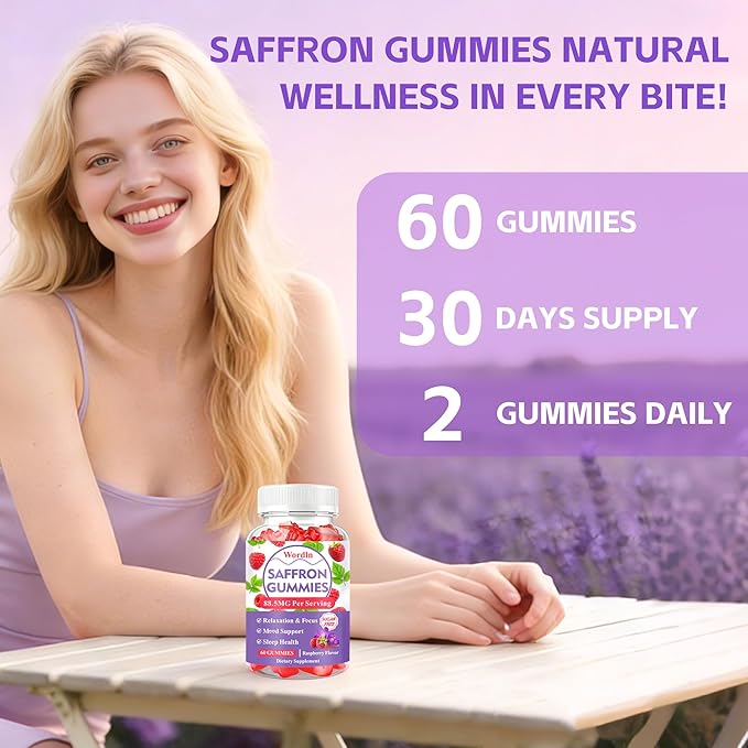 Saffron Gummies for Adults & Kids, Saffron Supplements with 88.5mg Saffron Extract, Ashwagandha, L-Theanine for Relaxation, Focus and Mood Support, Sugar Free, 60 Count