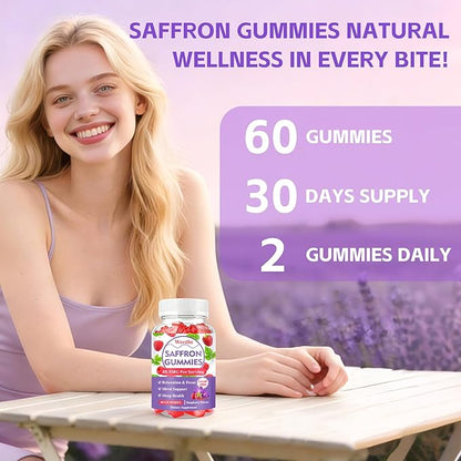 Saffron Gummies for Adults & Kids, Saffron Supplements with 88.5mg Saffron Extract, Ashwagandha, L-Theanine for Relaxation, Focus and Mood Support, Sugar Free, 60 Count