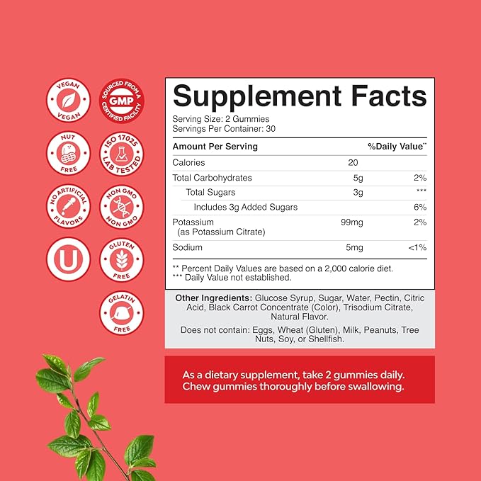 High Potency Potassium Gummies for Adults - Powerful Potassium Supplement Gummies for Optimal Health - Delicious Strawberry-Flavored - Vegan - 60 Count - 3 Pack