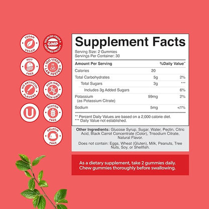 High Potency Potassium Gummies for Adults - Powerful Potassium Supplement Gummies for Optimal Health - Delicious Strawberry-Flavored - Vegan - 60 Count - 3 Pack