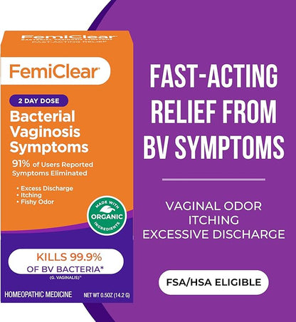 FemiClear for Bacterial Vaginosis Symtoms - Fast Relief for Discomfort, Itching & Discharge, pH Balance & Vaginal Health Support, Freshness & Odor Control, All-Natural Organic Ingredients, 2-Day Dose
