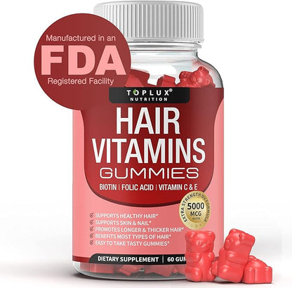 Hair Vitamin Gummies Supplement for Women & Men – Hair Growth Vitamins 5000mcg Biotin Gummies, Folic Acid, Vitamin C & E, Support Stronger & Thicker Hair, Skin, Nails, Non-GMO Vegam for, 60 Count