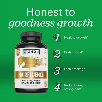 Zhou Hairfluence - Vegan Biotin Supplement for Hair Growth for Men & Women, Supports Stronger, Healthier Hair, Nails, & Glowing Skin with Lustriva & B Vitamin Complex - 120 Veggie Capsules (Pack of 1)