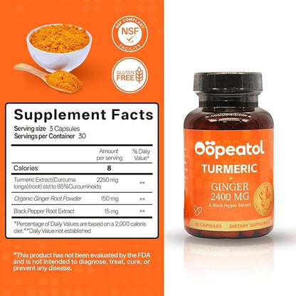 Turmeric Curcumin Supplement 2250mg with Black Pepper Extract | 95% Curcuminoids for Joint & Increase Body Protection, Antioxidant Supplement for Digestive Health