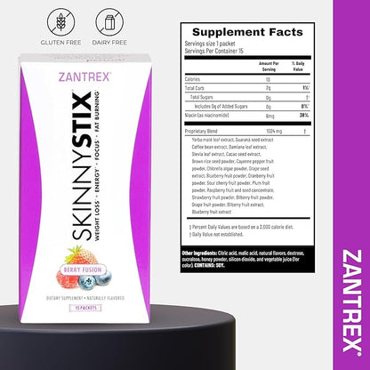 Zantrex SkinnyStix Berry Fusion GLP-1 Support Drink Mix, Energy & Metabolic Support Powder, Appetite Control, 15 Single-Serving Packets