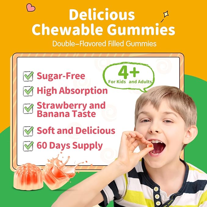 Magnesium Gummies for Kids - Magnesium Glycinate Gummies with L-Theanine, Vitamin B6, D3 for Kids & Adults Sleep, Calm, Relaxation, Brain, Bones, Muscle Relief, Sugar Free Banana & Strawberry 60ct