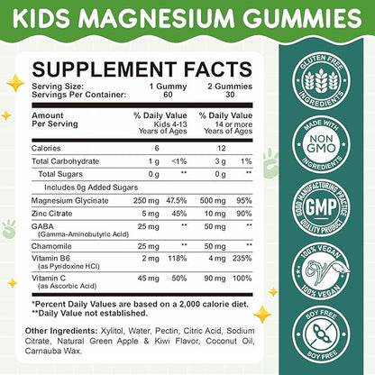 Magnesium Glycinate Gummies for Kids: Calm Magnesium Supplement for Kids & Adults with Zinc Citrate, GABA, Chamomile, Vitamin B6 & C - Sleep, Relaxation & Focus, Green Apple & Kiwi Flavor 60 Count