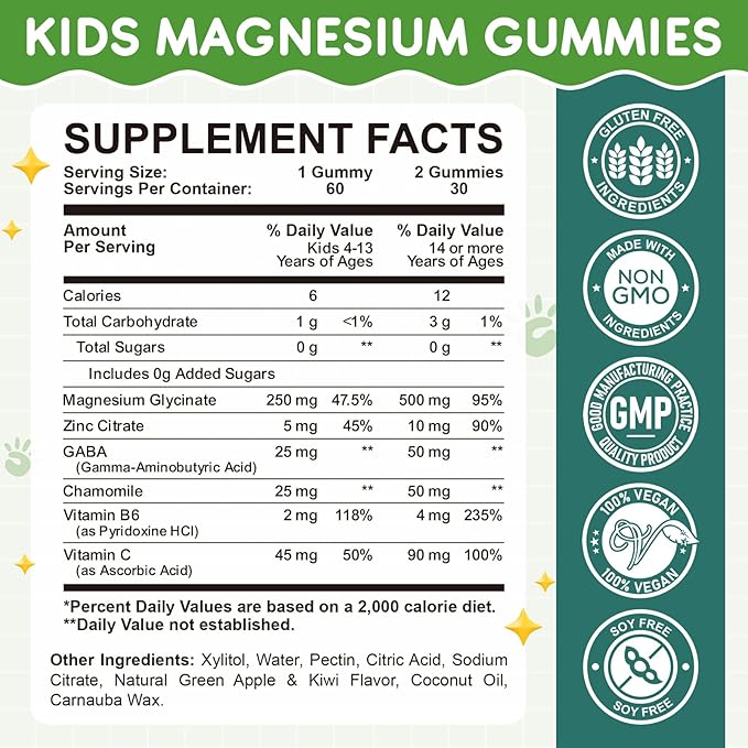 Magnesium Glycinate Gummies for Kids: Calm Magnesium Supplement for Kids & Adults with Zinc Citrate, GABA, Chamomile, Vitamin B6 & C - Sleep, Relaxation & Focus, Green Apple & Kiwi Flavor 120ct