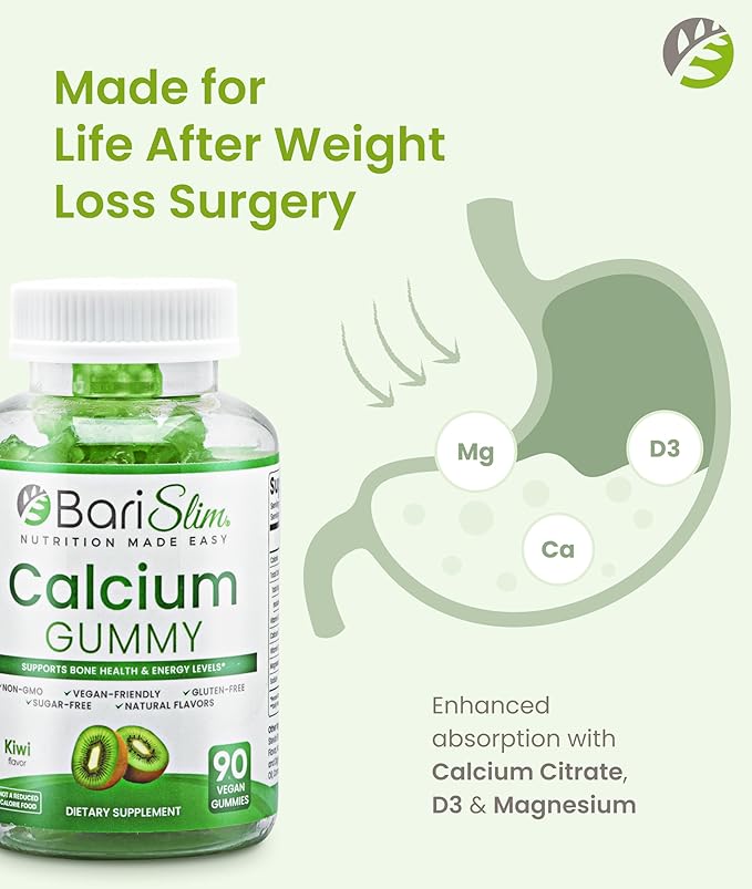 BariSlim Bariatric Calcium Gummies - Specially Formulated Bariatric Vitamins for Patients After Weight Loss Surgery - Supports Energy Levels & Bone Health | Kiwi (90 Vegan Gummies)