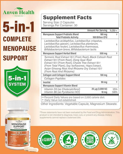 Menopause Supplements for Women, Vitamin D3 & B6, Menopause Relief Probiotics Supports Hot Flashes, Night Sweats, Bloating & Gut Health with Black Cohosh, Herbs, Collagen | 60 Veggie Caps