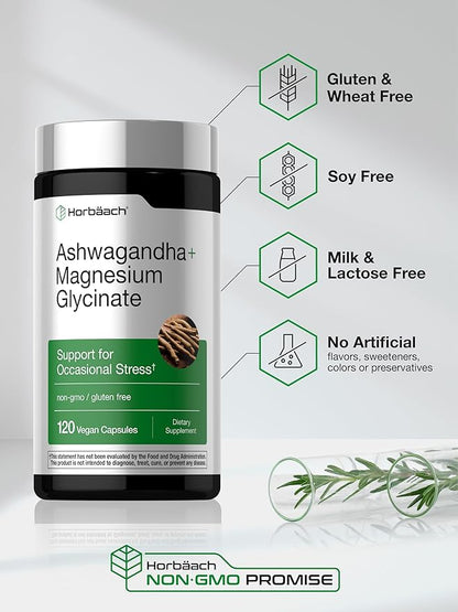 Horbäach Ashwagandha and Magnesium Glycinate | 120 Vegan Capsules | Support Supplement for Stress | Non-GMO, Gluten Free