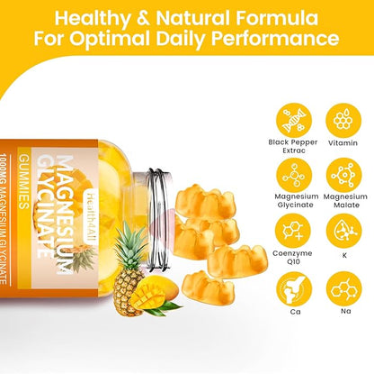 Magnesium Glycinate Gummies 1000mg, High Absorption Sugar Free Magnesium Potassium Supplement for Relaxation, Stress Relief, and Sleep Support for Adults & Kids - 90 Mango Pineapple Gummies