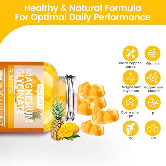 Magnesium Glycinate Gummies 1000mg, High Absorption Sugar Free Magnesium Potassium Supplement for Relaxation, Stress Relief, and Sleep Support for Adults & Kids - 90 Mango Pineapple Gummies
