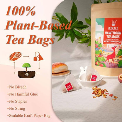WT WEETEE Hawthorn Berry Tea Bags 100 Count, 100% Hawthorn Fruit, Corn Fiber Pyramid Bags, Antioxidant & Caffeine-Free Herbal Tea