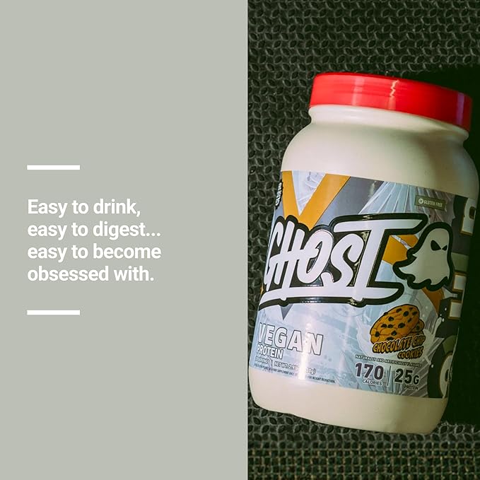 GHOST Vegan V2 Protein Powder, Chocolate Chip Cookies – 2.9LB Tub, 25G of Protein - Plant-Based Pea & Organic Pumpkin Blend Protein with Fiber & Iron - Flavored Post Workout Shakes - Soy, Gluten Free