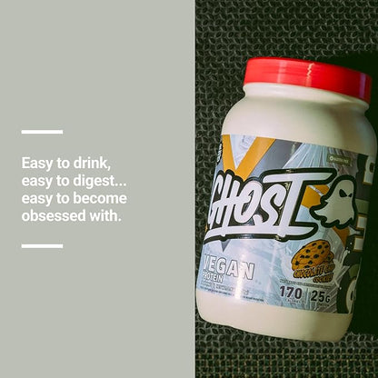 GHOST Vegan V2 Protein Powder, Chocolate Chip Cookies – 2.9LB Tub, 25G of Protein - Plant-Based Pea & Organic Pumpkin Blend Protein with Fiber & Iron - Flavored Post Workout Shakes - Soy, Gluten Free