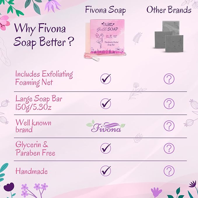 FIVONA Pink Yoni Soap Bar Set of 3 - Gentle Feminine Wash & Body Cleansing Bars, Herbal Soap with Natural Ingredients - 3 x 5.3 oz - Includes Mesh Foaming Net for Rich Lather & Light Exfoliation