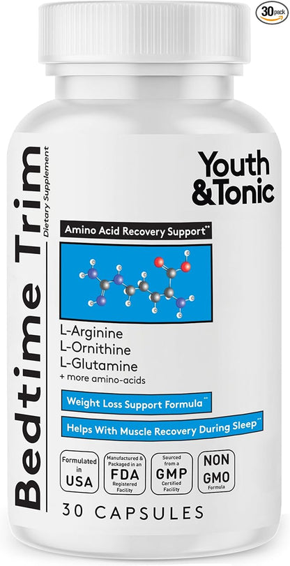 Youth & Tonic PM Bedtime Trim for Lean Appearance & Muscle Definition Support – Nighttime Amino Acids Supplement for Overnight Recovery, Men & Women, 30 Capsules