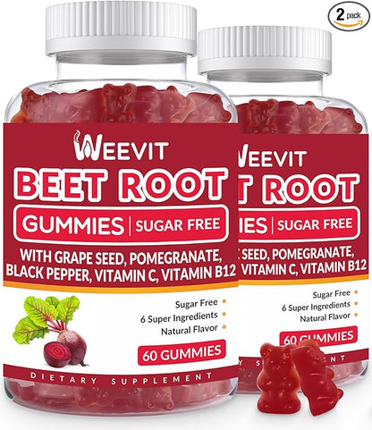 WEEVIT Beet Root Gummies, Nitric Oxide Supplement for Men Women | Organic Beet Gummy with Grape Seed, Pomegranate, Black Pepper, Vitamin C, B12